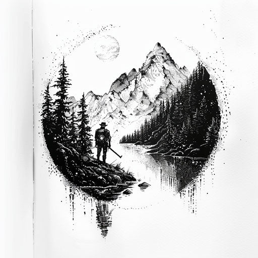 Hidden hunter in rugged landscape dotwork tattoo style