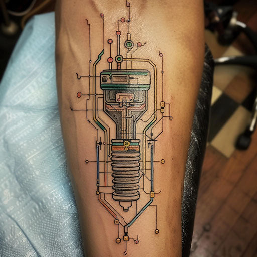Modern flat tattoo sketch of a piston with neon outlines and digital circuitry accents