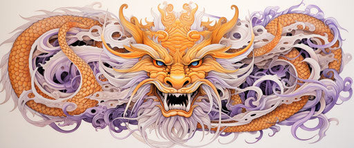 Chinese dragon with purple and yellow eyes, woodcut style