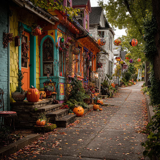 A charming street vibrantly decorated for Halloween