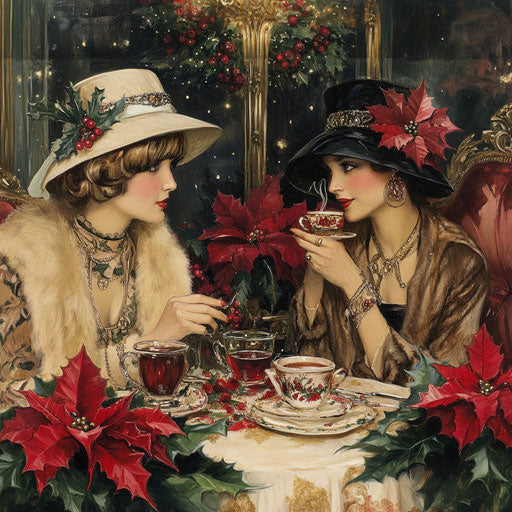1920s Christmas tea party, ladies in cloche hats and fur stoles