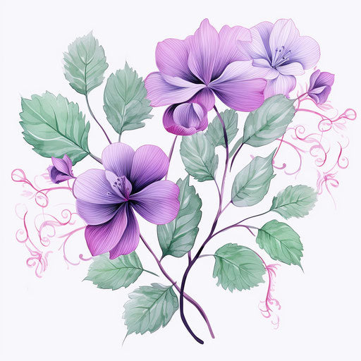 Violet leaves and flower isolated on transparent background, light green and pink style