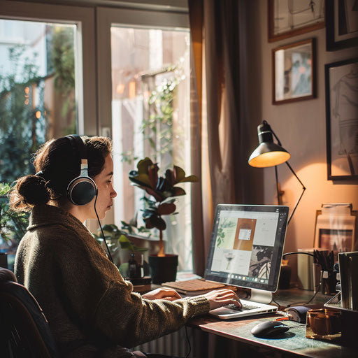 Virtual meeting with headphones, organized home office