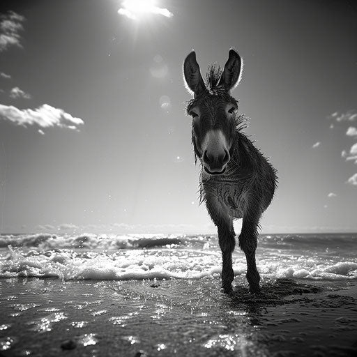Donkey standing on a sunlit beach with crashing waves