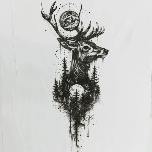Surreal deer tattoo blending cosmic and forest elements