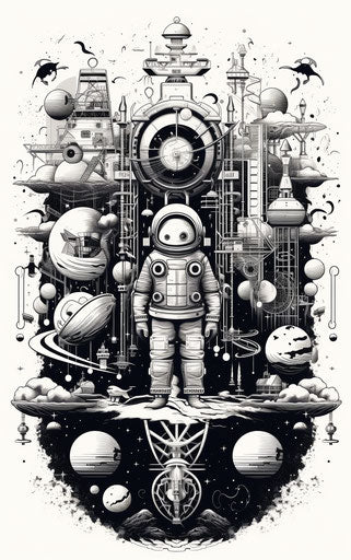 Astronauts and spacecraft in gothic steampunk style