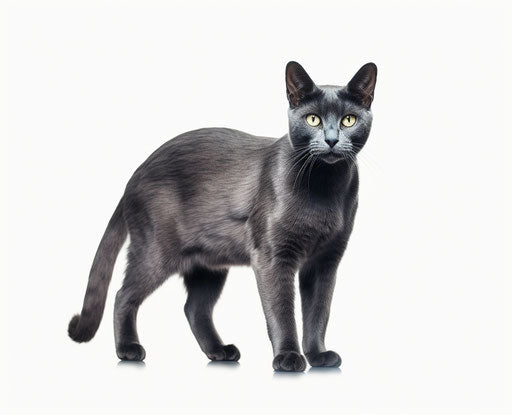 Gray cat on white background, dark maroon and light indigo style