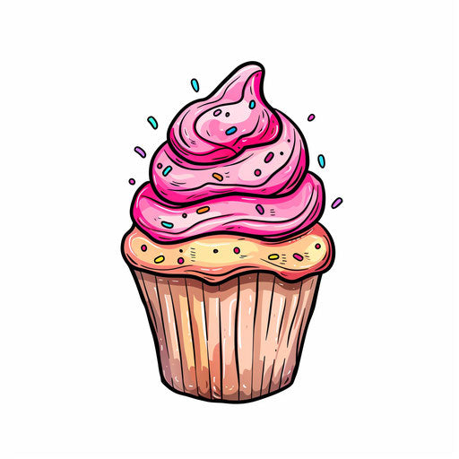 Playful flat tattoo sketch of a pink cupcake with colorful sprinkles