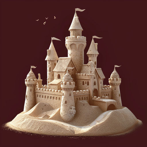 Realistic sandcastle on vibrant burgundy backdrop