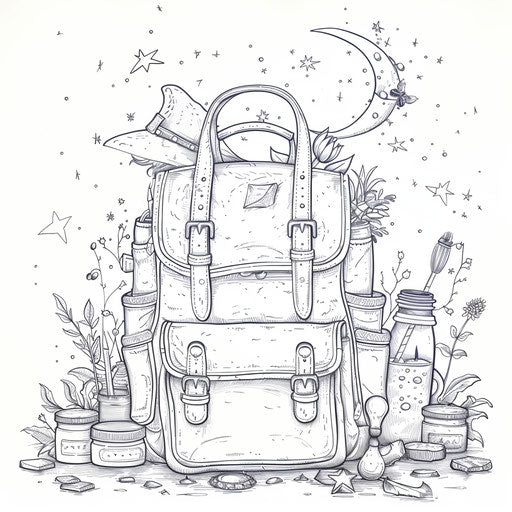 Magical backpack with glowing items coloring page
