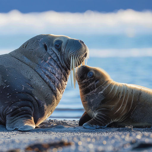 Serene moment between a walrus seal and her cub on a sunny Arctic beach