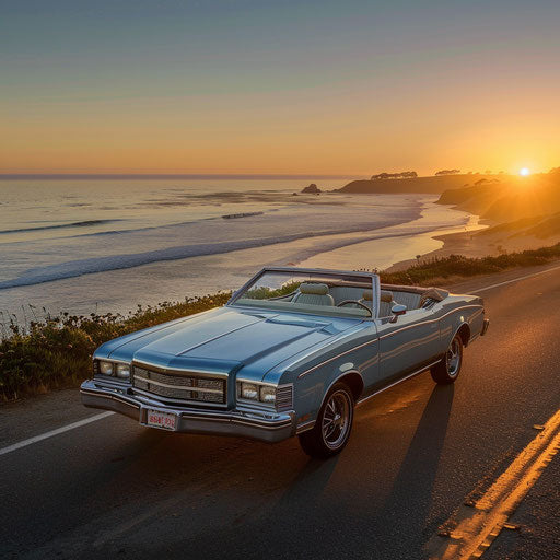 1976 Malibu Classic transformed into a classy convertible, driving along a beach road at sunrise.