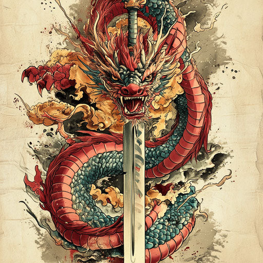 Traditional tattoo sleeve of a dragon coiling around a sword