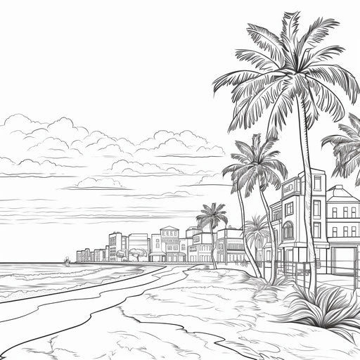 Beach coloring pages for kids free beach coloring picture, light-filled landscapes style, light yellow and dark emerald, realistic light depiction, whimsical skyline, playful motifs, stylish