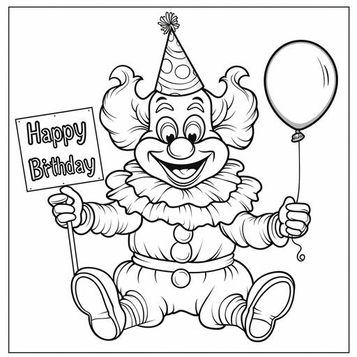A clown holding a Happy Birthday sign