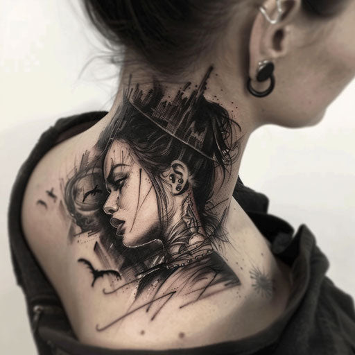 Neck tattoos for women in the style of Humberto Ramos with dynamic action scenes