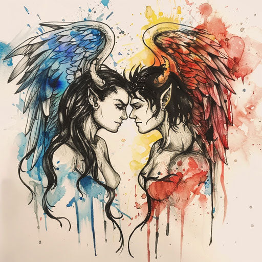 Artistic sketch of angel and devil with intertwined wings