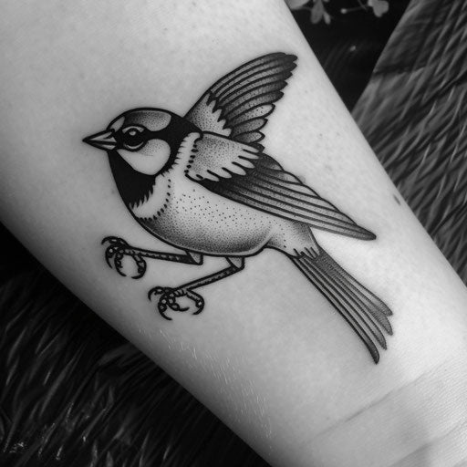 Retro style sparrow tattoo with bold outlines and classic shading, designed as if printed on white paper