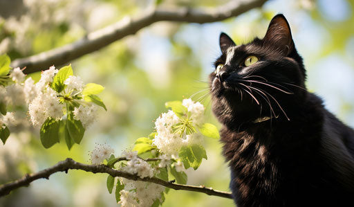 Black cat observing blossoms on a tree