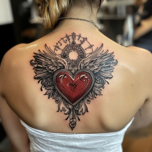 Mom heart tattoo with angel wings and halo