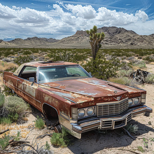 Forgotten elegance: rusty 83 Cadillac Coupe DeVille in desert