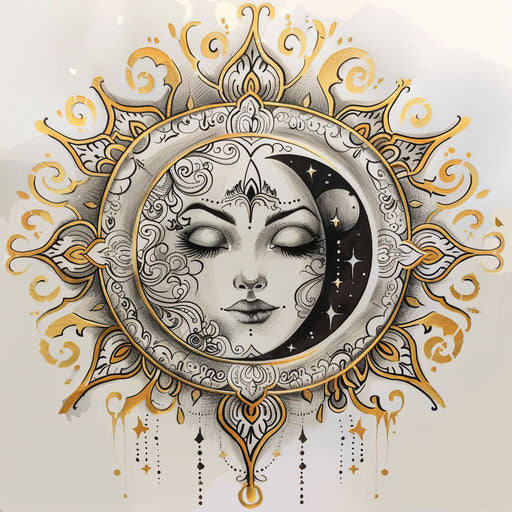 Elegant sketch of a sun and moon with ornate patterns, gold and silver accents