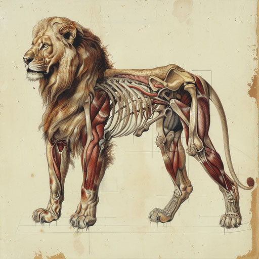 Detailed anatomical study of a lion, showcasing its muscular structure