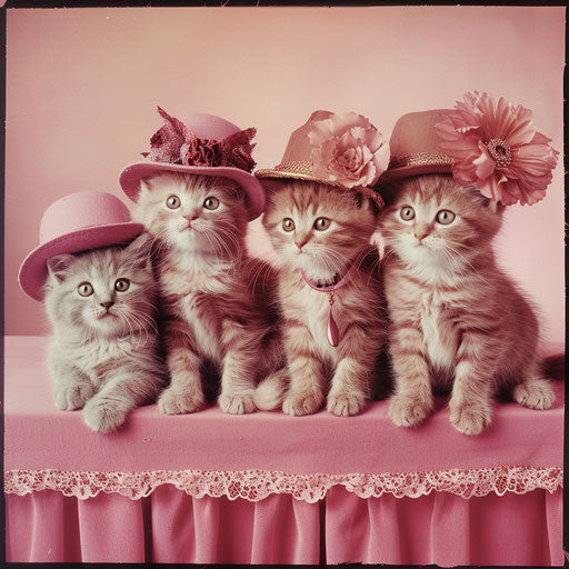 Cute kittens in hats, fashion cat, light pink and maroon