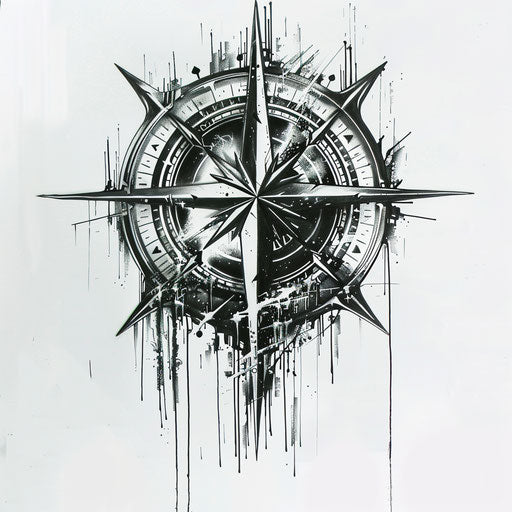 Futuristic tattoo sketch of a compass rose with metallic shades and sharp, angular lines