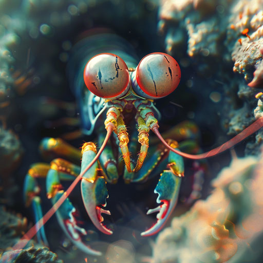 Mantis shrimp exploring, curious and detailed