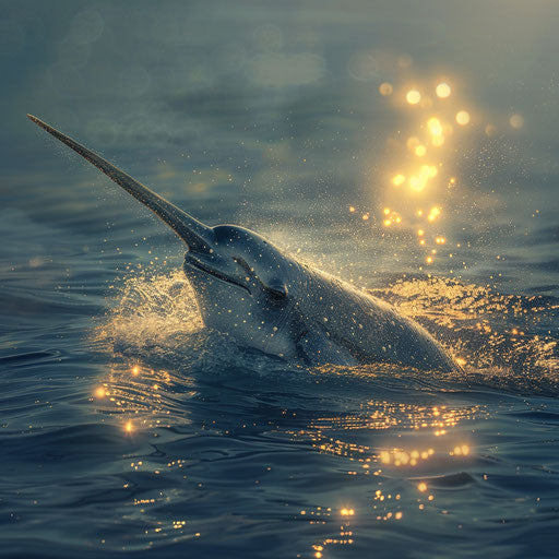 A narwhal emerging, its tusk catching the light