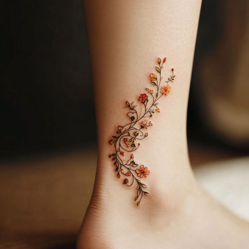 Ankle tattoos for women with a dainty floral vine wrapping around the ankle, in the style of Maria Sibylla Merian