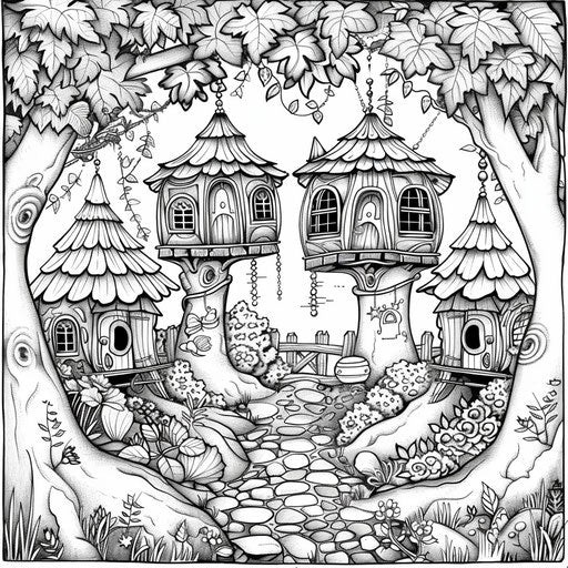 Enchanted forest with hidden fairy houses