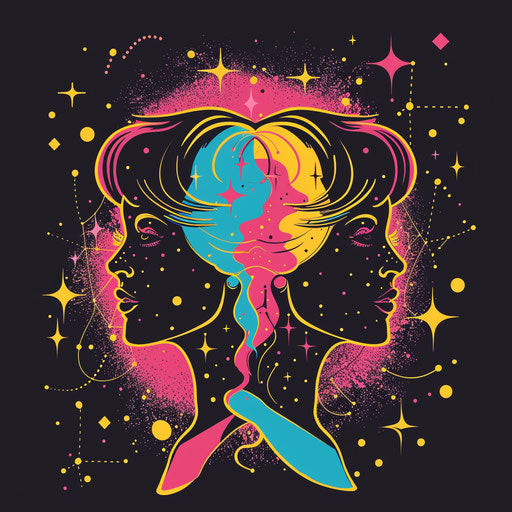 Retro 70s flat tattoo sketch of the Gemini constellation