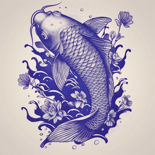 Sketch of purple Japanese koi fish tattoo, with waves and flowers, on white background.