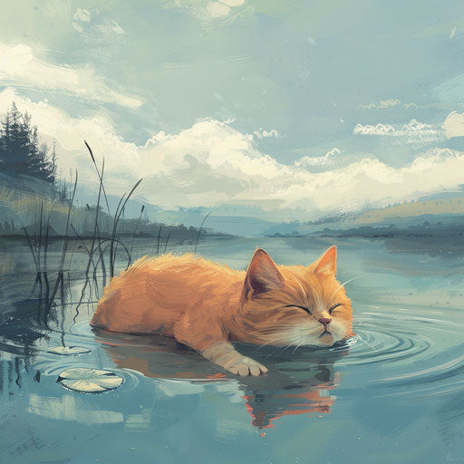 Chubby cat swimming at the lakeshore