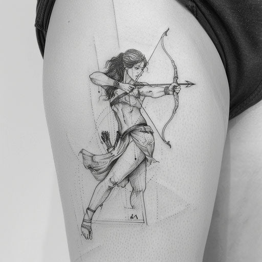 Artistic blackwork tattoo of huntress Artemis with bow