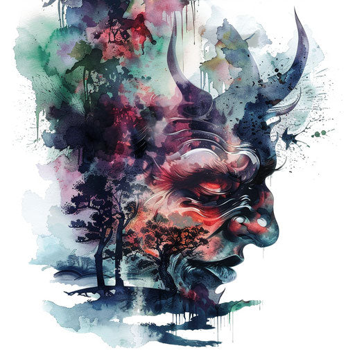 Surreal oni face merging with a landscape, in a dreamy watercolor style, on white