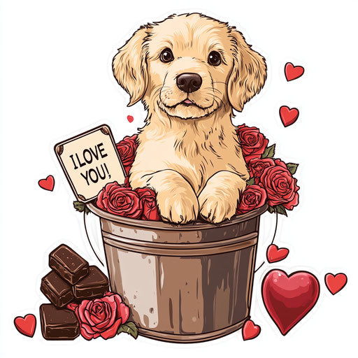 Cute golden retriever puppy in a bucket of red roses and heart-shaped cards with the text "I LOVE YOU"