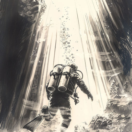 Diver exploring underwater cave, ocean tattoo design
