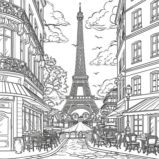 Eiffel Tower with Parisian cafes and street scenes