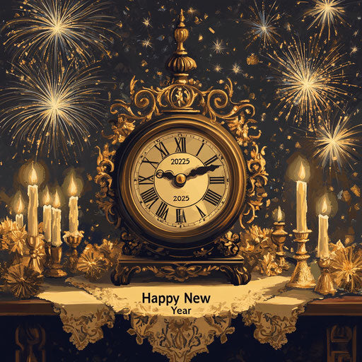 Happy New Year 2025: Ornate clock on festive table