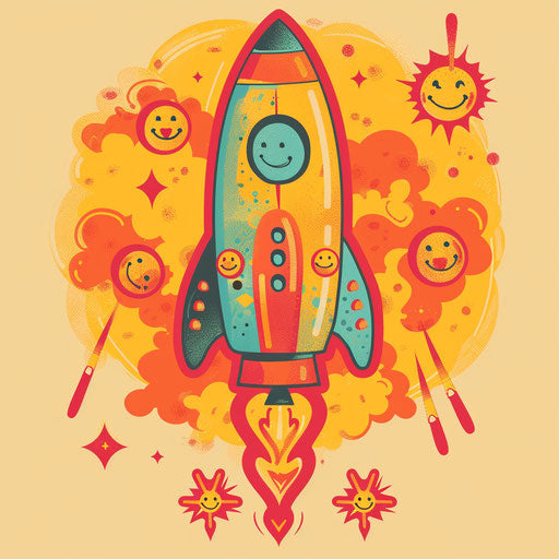 Smiley-faced rocket with cheerful orange wings sketch