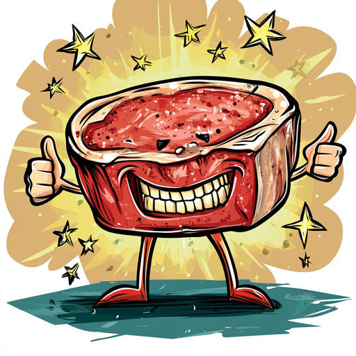 Humorous caricature of a steak illustration with human features