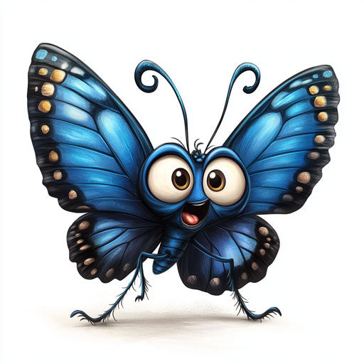 Humorous caricature of a blue butterfly with human characteristics