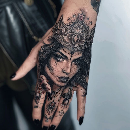 Fantasy-themed hand tattoo for women with magical elements