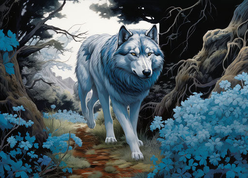 A husky walking down a pathway near bushes, in the style of dark silver and light blue, bold yet graceful