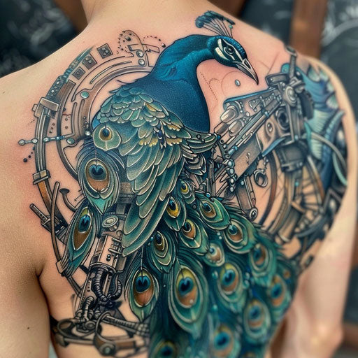 Biomechanical peacock tattoo, blend of organic and mechanical on white canvas