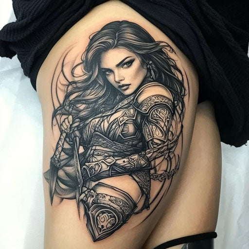 Female thigh tattoos in the style of Glenn Fabry with a Celtic warrior in battle