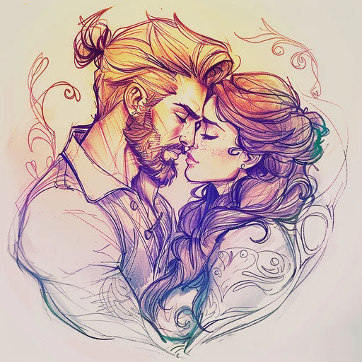 Romantic tattoo sketch of Hercules and Megara in embrace, soft colors